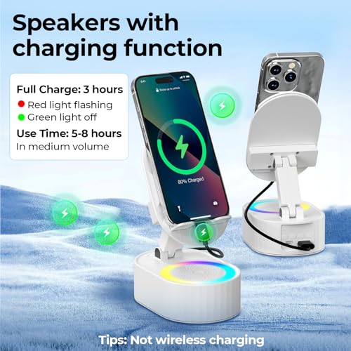 AKLLCCR Wireless Induction Audio Bluetooth Speaker 5in1 Phone Holder Emergency Rechargeable (3000mAh) with Colorful Ambient Light 300° Foldable for Tablet iPhone Android, Gifts for Men Women (White) - color: White