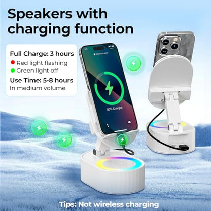 AKLLCCR Wireless Induction Audio Bluetooth Speaker 5in1 Phone Holder Emergency Rechargeable (3000mAh) with Colorful Ambient Light 300° Foldable for Tablet iPhone Android, Gifts for Men Women (White) - color: White