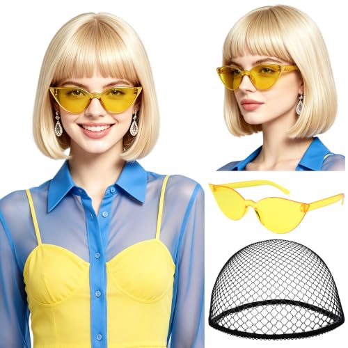 Short Bob Straight Hair Wigs with Bangs, Heat Resistant Fiber Hair, Cat Eye Glasses for Women (Light Gold) - color: Light Gold