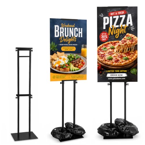 2 Pack Poster Stands for Display, Double Sided Sign Holder with Water Bags | 83 in max height; fits boards 11.8-75 in adjustable high, max 40 in wide and max 0.31 in thick; 4 fillable water bags