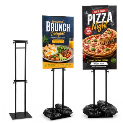 2 Pack Poster Stands for Display, Double Sided Sign Holder with Water Bags | 83 in max height; fits boards 11.8-75 in adjustable high, max 40 in wide and max 0.31 in thick; 4 fillable water bags