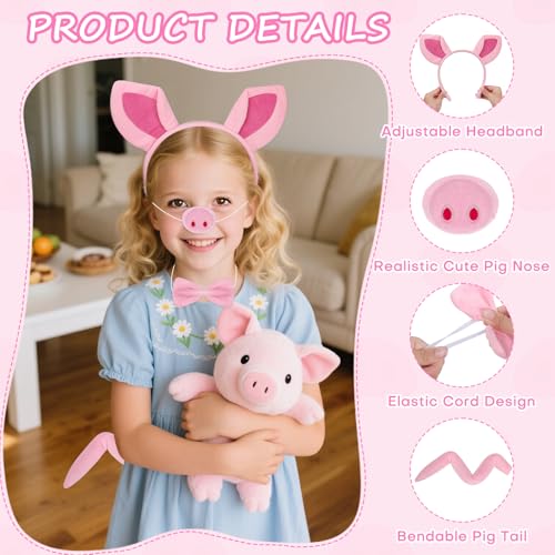 4 Pieces Pig Costume Set Pink Pig Costume Accessories Pig Ears Headband and Tail Nose Bow Tie Pig Animal Cosplay Accessory Set for Halloween Christmas Cosplay Animal Dress Up