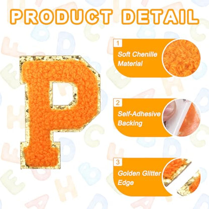 MECCANIXITY Chenille Letter Patches 2.2" Self Adhesive Alphabet P Stick on Embroidered Patch Sew on Letter Stickers Applique for Repairing Clothing Jeans Shoes Hats DIY(Orange, Pack of 2) - style: Letter-P