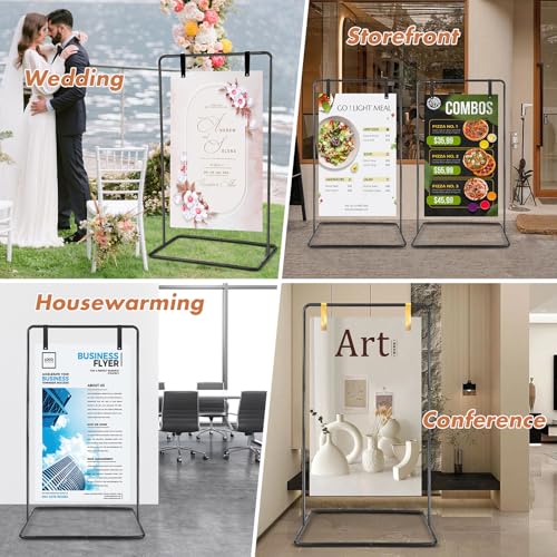 Wedding Welcome Sign Heavy Duty Black Easel Stand With 4 Leather Strap | 68”x31”x 20” Welcome to Our Wedding Sign Holder, Metal Floor Standing Easels for Valentines Day, Signs, Poster - color: Black