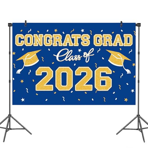 Blue Gold Graduation Backdrop 39x59 Inches, Class of 2026 Photo Booth Background for Commencement Party Decor - style: Blue Gold Backdrop
