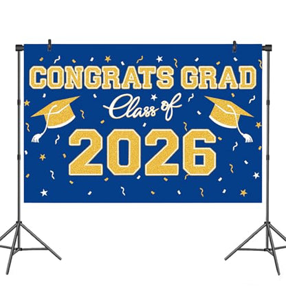 Blue Gold Graduation Backdrop 39x59 Inches, Class of 2026 Photo Booth Background for Commencement Party Decor - style: Blue Gold Backdrop