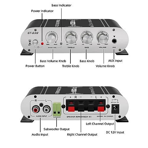 Facmogu ST-838 2.1CH Mini Amplifier, RMS 20Wx2 + 40W Passive Subwoofer Amp | Bass & Treble Control | RCA/AUX Input | Compact Stereo Audio Receiver for Home, Car & DIY Speakers | w/Power Supply - Black - color: ST-838 Black (20Wx2 + Passive Subwoofer)