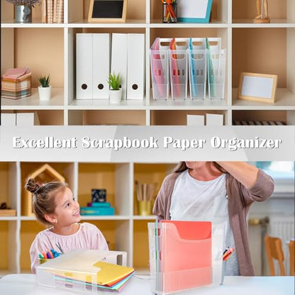 BTSKY 6 Pack Scrapbook Paper Storage Box with Wheels, Plastic Storage Organizer for 12" x 12" Scrapbook Papers, Portable File Organizer with Built-in Handle, Functional Magazine Holder Paper Rack