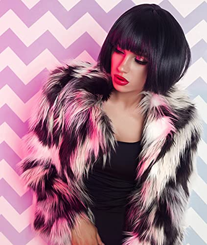 LIULIUBTY Short Bob Hair Wigs Straight with Flat Bangs Synthetic Colorful Cosplay Daily Party Neon Wig for Women + Free Wig Cap 16" Natural As Real - color: Black