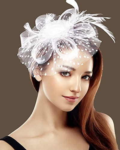 Fascinator Tea Party Hat Women 20s 50s Wedding Cocktail Flower Mesh Feathers Hair Clip for Carnival Halloween - color: A-white