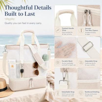 Bluboon Mesh Beach Tote Bag with Cooler Compartment Insulated Detachable Picnic Bag with Zipper and Pocket Pool Bag for Women - color: Sand White Vertical Stripe