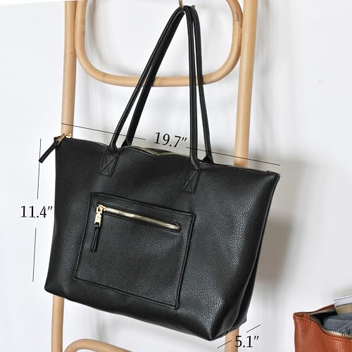 HOXIS Tote Bag for Women with Zipper Vegan Leather Handbag with Trolley Sleeve Travel Weekender Carryall Bag - color: Black