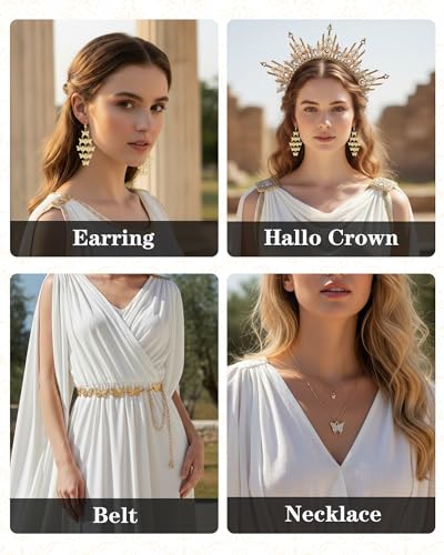 4 Pcs Goddess Costume Accessories Set, Golden Butterfly Crown Kit | Includes Necklace, Earrings and Waist Chain Accessories, Suitable for Halloween, Cosplay and Costume Parties