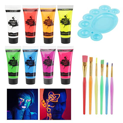 UV Blacklight Neon Face Body Paint, MEICOLY 8 Tubes Blacklight Reactive Paints,Water Based, Washable, Non-Toxic Neon Party Supplies for Halloween,01 - color: UV Face Paint Kit 01