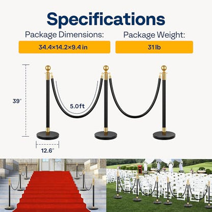 VIVOHOME Black Stanchions and Velvet Ropes, 5 Feet Ropes and 39 Inch Posts | 6PCS Iron Post with Water-Fillable Leakproof Base, Easy Tool-Free Assembly, Red Carpet Poles for Wedding, Prom & VIP Events - color: Black and Golden