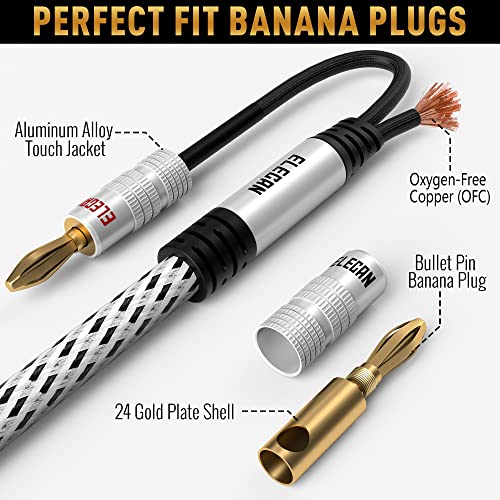 Elecan 14 AWG Speaker Cable Wire 4 Feet with Gold-Plated Banana Tip Plugs-CL2 Rated-in Wall-Heavy Duty Nylon Braided, Oxygen-Free Copper (OFC)-White-with 5 Cable Ties - size: 4FT