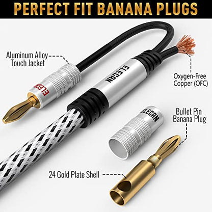Elecan 14 AWG Speaker Cable Wire 4 Feet with Gold-Plated Banana Tip Plugs-CL2 Rated-in Wall-Heavy Duty Nylon Braided, Oxygen-Free Copper (OFC)-White-with 5 Cable Ties - size: 4FT