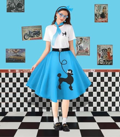 1950s Poodle Skirt Outfit Women 50s Sock Hop Costume T Shirt Accessories - color: Blue, size: Small