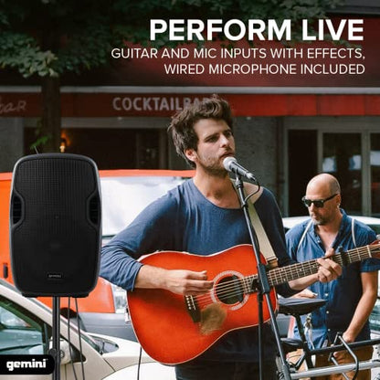 Gemini 10" Battery Bluetooth PA Speaker, 300 Watts (AS-10TOGO) | Battery PA with wheels, up to 10 hr - Bluetooth, USB, SD, FM, AUX - mic & guitar inputs, onboard EQ - size: 10 in