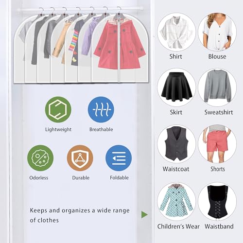 Garment Bags 7 Pack, 24x31 Inch Clothes Covers with 5 Cedar Balls | Dust Proof Translucent PEVA, Full-Length Zipper, 5 Natural Cedar Balls Included, for Kids' Clothing, Blouses, Closet Storage - size: 24"x 31" + Cedar Balls