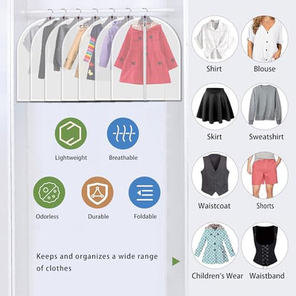 Garment Bags 7 Pack, 24x31 Inch Clothes Covers with 5 Cedar Balls | Dust Proof Translucent PEVA, Full-Length Zipper, 5 Natural Cedar Balls Included, for Kids' Clothing, Blouses, Closet Storage - size: 24"x 31" + Cedar Balls