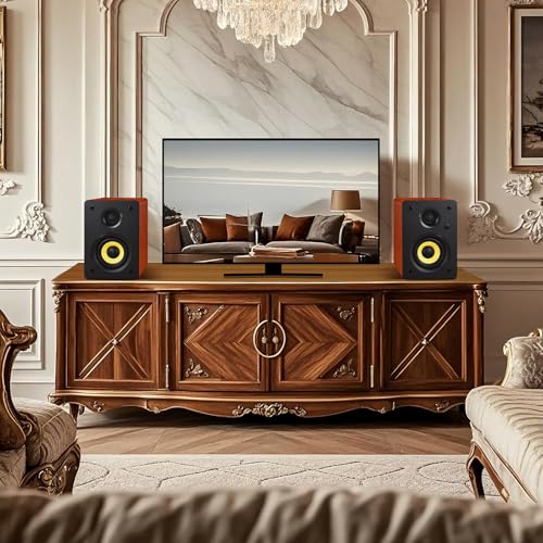 Sanyun SW206 80W 2.0 Active Bookshelf Speakers, Dual-Mode Creator & Music | 4" Carbon Fiber + 25mm Silk Dome, 24bit DAC, 6.35mm TRS Balanced + (Optical/Coaxial/AUX/USB/BT) Inputs, MDF, (Pair, Red) - color: Red