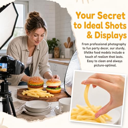 Peohud 2 Pack Artificial Hamburger and 30 Pcs Artificial French Fries, Realistic Fake Food for Display, Faux Beef Burger for Photography Props, Home Kitchen Party Decoration