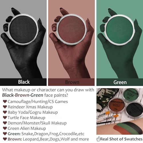 Black Green Brown Camo Face Paint with Brushes Set, Water Based Face Painting Kit for Camouflage Military Hunting & Paintball, Facepaint for Kids & Adults Halloween Special FX Cosplay Costume Makeup - color: Black+Green+Brown+3Pcs Brushes