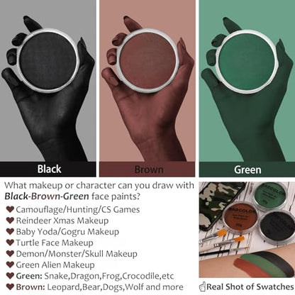Black Green Brown Camo Face Paint with Brushes Set, Water Based Face Painting Kit for Camouflage Military Hunting & Paintball, Facepaint for Kids & Adults Halloween Special FX Cosplay Costume Makeup - color: Black+Green+Brown+3Pcs Brushes