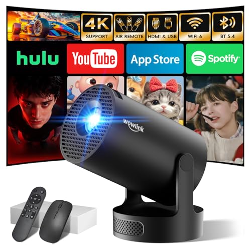 [Built-in App & 2026 Upgraded] Mini Projector with WiFi 6 and Bluetooth 5.4 | Support 4K 1080P Auto Keystone 180° Rotatable Projector Portable Compatibile with HDMI/TV Stick/Memory Stick/Laptop, Black - color: Black