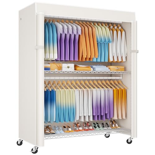 ULIFHOME P8C Max Heavy Duty Clothes Rack（With Extended Width Design） Rolling Clothing Racks for Hanging Clothes with Lockable Wheels，51.2"W x 15.8"D x 80.5"H，Load 800LBS，White Rack with White Cover - color: White Rack with White Cover, size: P8C Max