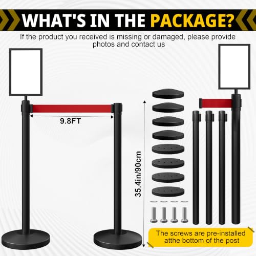 4-Pack Black Stainless Steel Crowd Control Stanchions, 9.8 ft Retractable Red Safety Belts with 1 Sign Holder(Red Belt) - color: Black stanchions w Red Belt, size: 4 pcs