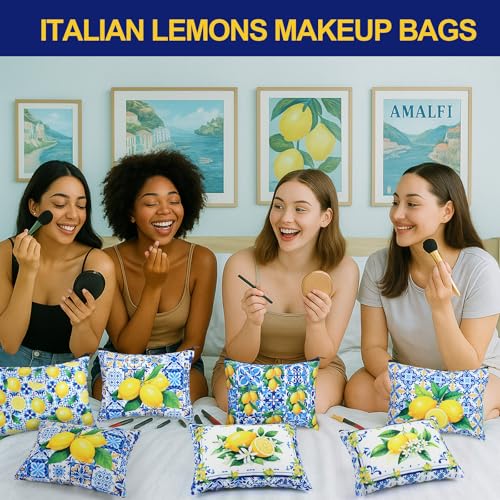 Reginary 12 Pcs Italian Gifts Lemon Makeup Bags Amalfi Coast Cosmetics Bags | Italy Travel Souvenir, Lemon Travel Pouches for Women Girls, Bachelorette Friend Birthday Gifts - style: Amalfi Coast Lemon