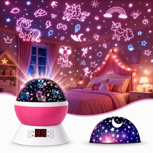 Unicorn Star Projector for Kids | Stars Ceiling Projection for Girls Room | 360° Rotating Night Light Projector with Timer | Birthday Unicorn Gift for Girls Age 3-8 | Girls Night Light for Bedroom - color: Light Pink-2