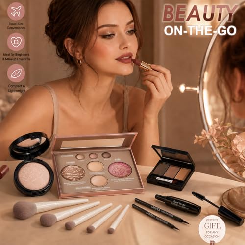 All-In-One Beginner Makeup Kit for Women - 7-Shade Baked Powder Palette, Brow Powder, Setting Powder, Matte Lipstick, Eyeliner, Mascara & 5 Brushes - Full Face Makeup Set for Daily Wear & Travel - color: 7-Baked