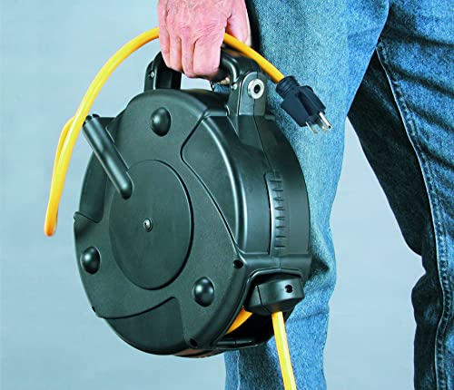 Alert ProReel Professional Grade ProReel 8665TFQ Heavy Duty Retractable Extension Cord Reel | 65 Foot 12/3 SJTOW 15 Amp Quad-Tap Industrial Cord | Four 5-15R Receptacles with Power On Indicator