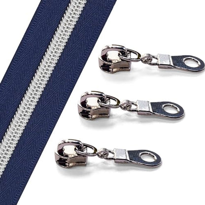 The Yards 10 Yards Bulk Navy Blue Nylon Coil Zipper with Silver Teeth - Replacement Sewing Zipper with 10PCS Sliders for DIY Sewing Craft Bags - color: Silver-NavyBlue