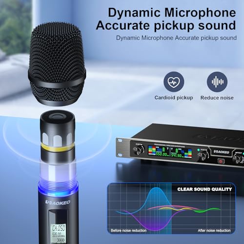 Aokeo Wireless Microphones System, 4 Channel UHF Wireless Mics,with 4 Handheld Dynamic Microphones,Metal Receiver for Karaoke,Singing,Wedding,Party,Speech - color: Brown