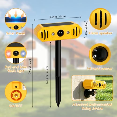 Solar Ultrasonic Animal Repellent -Cat Repellent Outdoor with 13 Predator Sounds & Strobe Lights for Dog Deer Raccoon Squirrels 2-in-1 Stake or Wall Mount for Yard Garden Farm & Patio