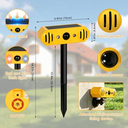 Solar Ultrasonic Animal Repellent -Cat Repellent Outdoor with 13 Predator Sounds & Strobe Lights for Dog Deer Raccoon Squirrels 2-in-1 Stake or Wall Mount for Yard Garden Farm & Patio