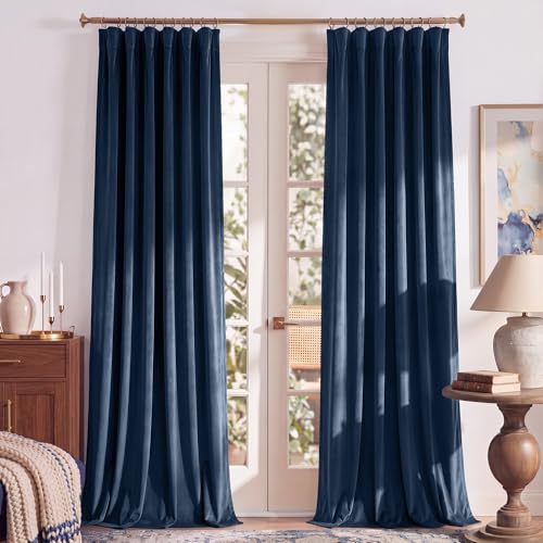 RYB HOME Navy Blue Velvet Blackout Curtains 84 inches Long for Bedroom | Thermal Insulated, Room Darkening, UV Privacy Block, With Hook Belt, Back Tab, Living Dining Room, W52 x L84, 2 Panels - color: Navy Blue, size: 52"W x 84"L (Pack of 2)