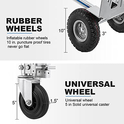 2 in 1 Aluminum Hand Truck, Industrial Convertible Hand Truck and Dolly 1000 LBS Capacity, Heavy Duty Hand Truck Flatform Cart with 10" Hi Tech Rubber Wheels