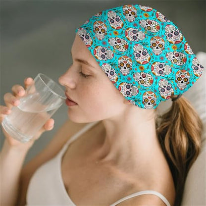 Art Owl Women's Slouchy Beanie Hat Cute Turban Hats Cancer Headwear Caps Baggy Skull Sleep Scarf - color: Blue Floral Skull