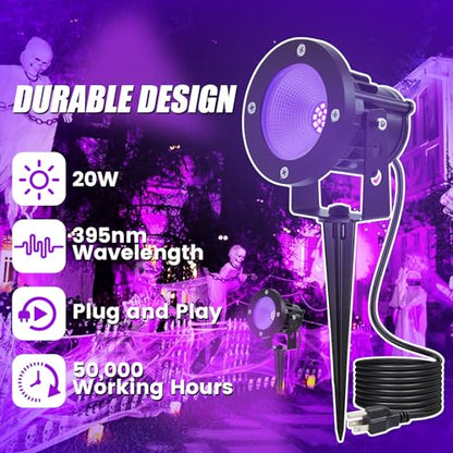 iCreating 20W Black Light Spotlight - Outdoor Black Light Spot Lights IP66 Waterproof Blacklight Spotlights 395nm Blacklight Spot Lights Strong UV Spotlight with Plug for Glow Party Halloween (2 Pack)