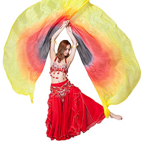KIKIGOAL 100% Silk Belly Dance ISIS Wings Scarf Veil Fan with Telescopic Stick for Halloween Carnival Performance 1.4x2.7cm - color: Gradual Yellow
