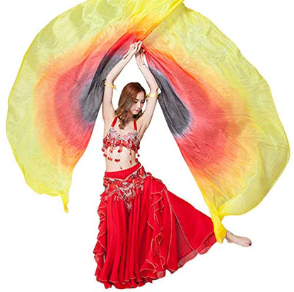 KIKIGOAL 100% Silk Belly Dance ISIS Wings Scarf Veil Fan with Telescopic Stick for Halloween Carnival Performance 1.4x2.7cm - color: Gradual Yellow
