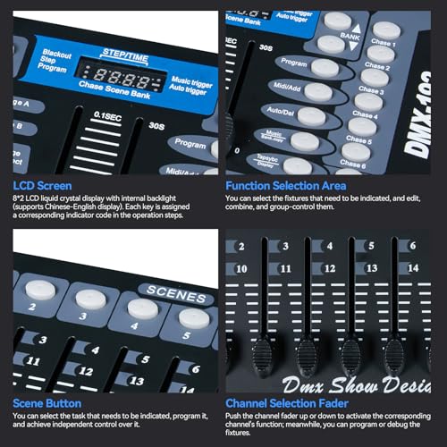 MINGJIE DMX512 Controller, 192 Channel Stage Lighting Console | Sound Activated Mode, 30 Programmable Scene Banks, LED Display and Cable Included for DJ, Club, Stage and Live Events