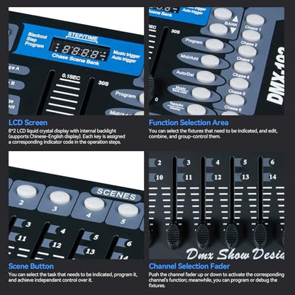 MINGJIE DMX512 Controller, 192 Channel Stage Lighting Console | Sound Activated Mode, 30 Programmable Scene Banks, LED Display and Cable Included for DJ, Club, Stage and Live Events