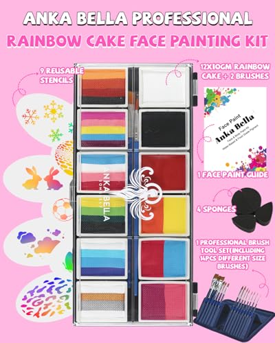 Anka Bella Professional Face Painting Kit,12X10gm Water Based Cake Face Paint with Stencil & Brushes,Hypoallergenic Safe & Non-Toxic,Gift for Birthday Parties/Halloween/Christmas - color: Rainbow Splicing set