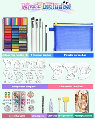48 Colors Face Painting Kit for Kids & Adults-Water Activated Paint Palette with Stencils,Split Cake,Glitter Gels,Brushes-Body Paint Set for Halloween,Theater & Cosplay